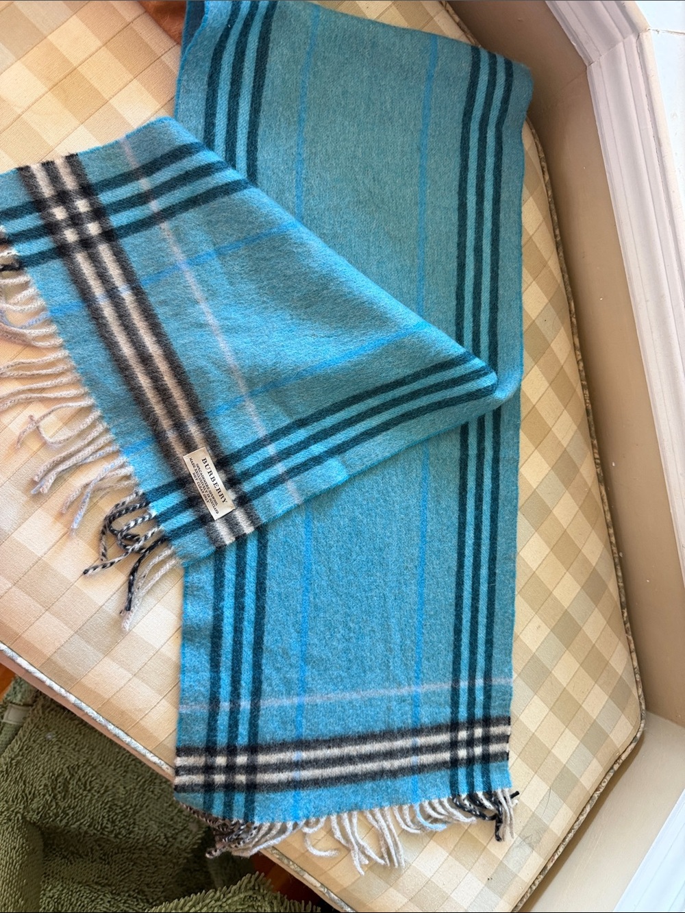 Burberry Turquoise and Black Plaid Cashmere-Wool Scarf